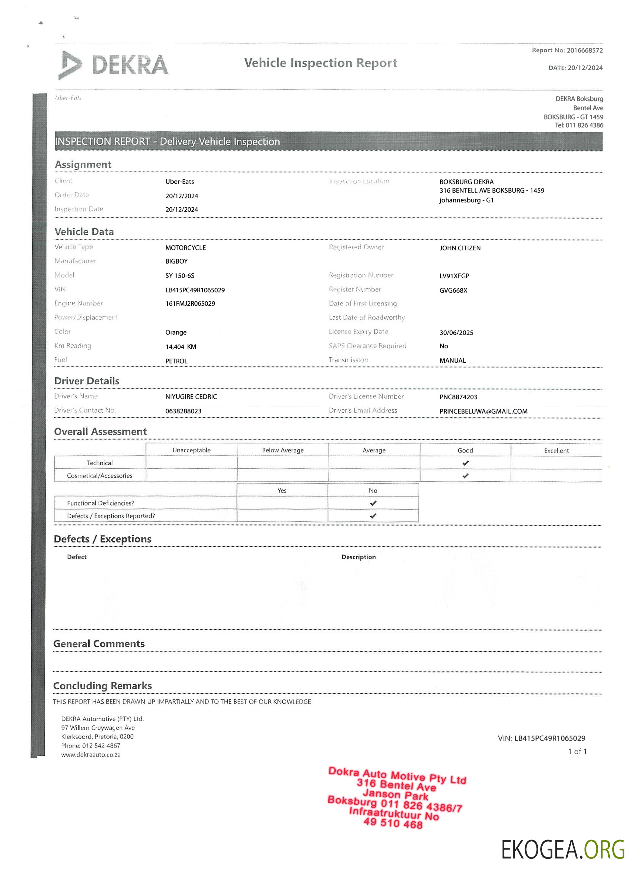 Rapport d'inspection du véhicule